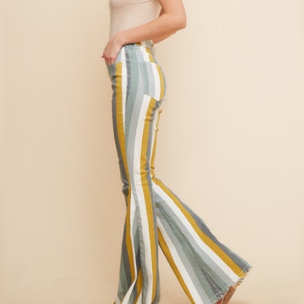 New! Hand Fringed Hem Striped‎ bell Bottom Jeans - Picture 3 of 7